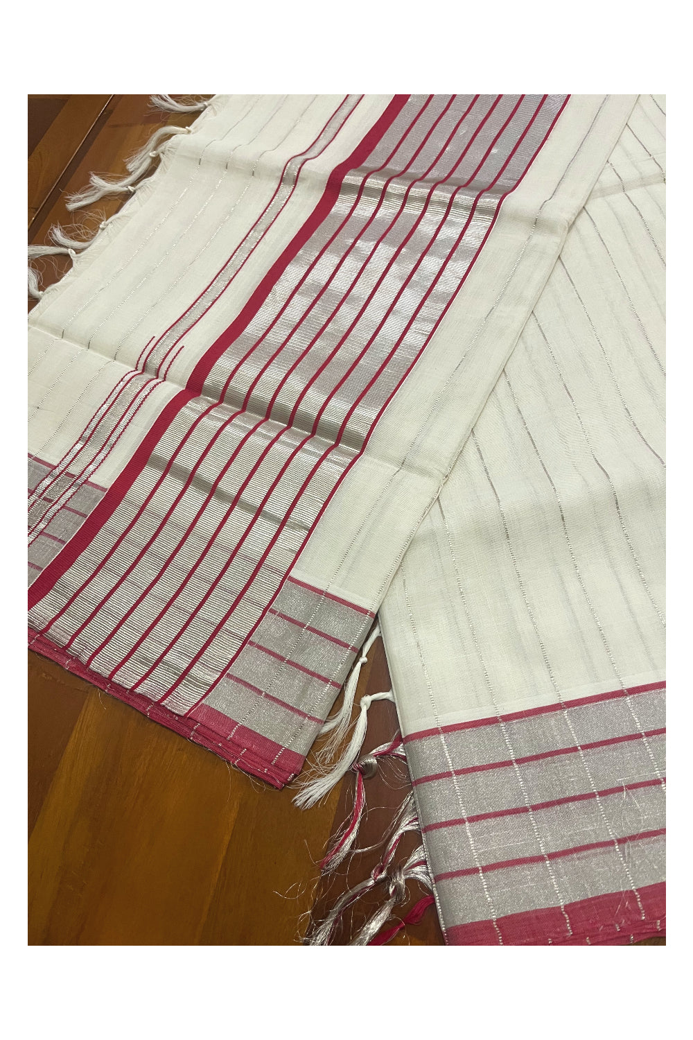 Southloom Premium Handloom Saree with Red Border and Silver Kasavu Lines Across Body