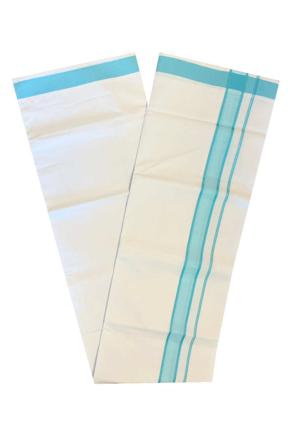 Pure White Cotton Single Mundu with Turquoise Kara (South Indian Dhoti)