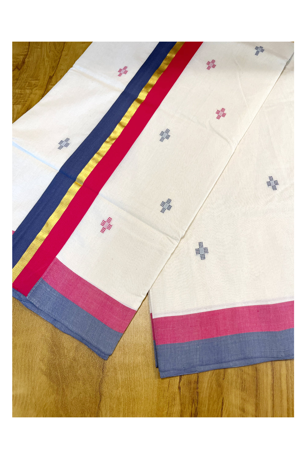 Southloom Premium Balaramapuram Unakkupaavu Handloom Cotton Butta Saree with Kasavu and Grey,Pink Border