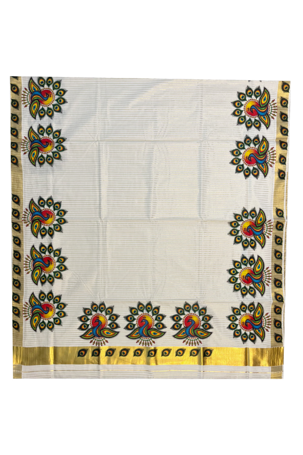 Pure Cotton Kerala Kasavu Lines Design and Mural Work Saree and Printed Border