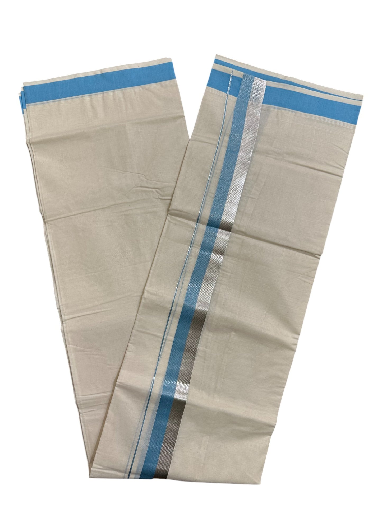 Kerala Pure Cotton Off White Double Mundu with Silver Kasavu And Blue Kara (South Indian Kerala Dhoti)