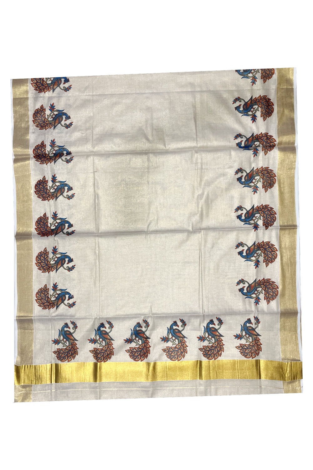 Kerala Tissue Kasavu Saree with Peacock Block Printed Designs