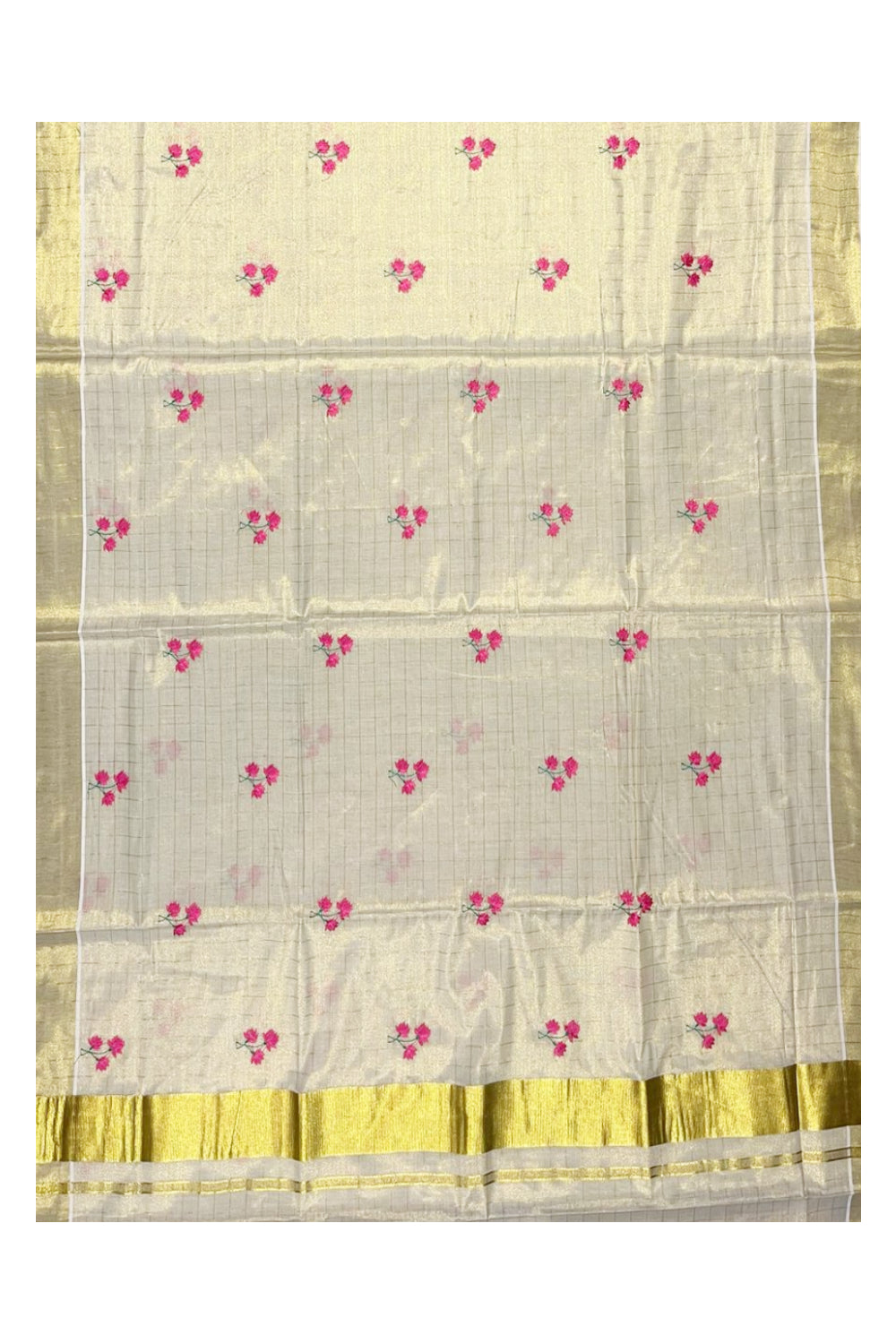 Kerala Tissue Kasavu Check Saree with Flower Embroidery Works