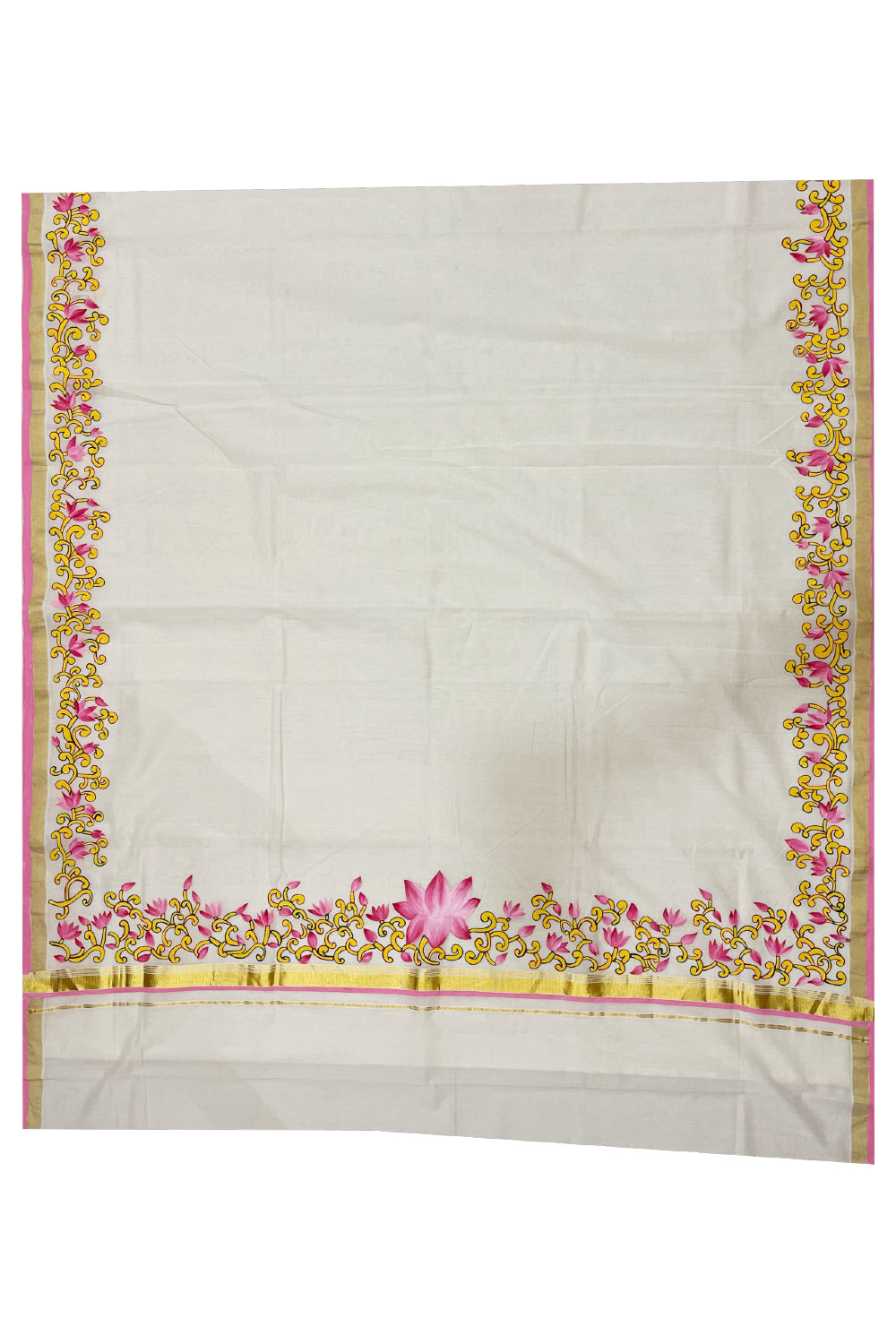 Southloom Premium Balaramapuram Unakkupaavu Handloom Saree with Pink Lotus Motifs Handpainted on Borders