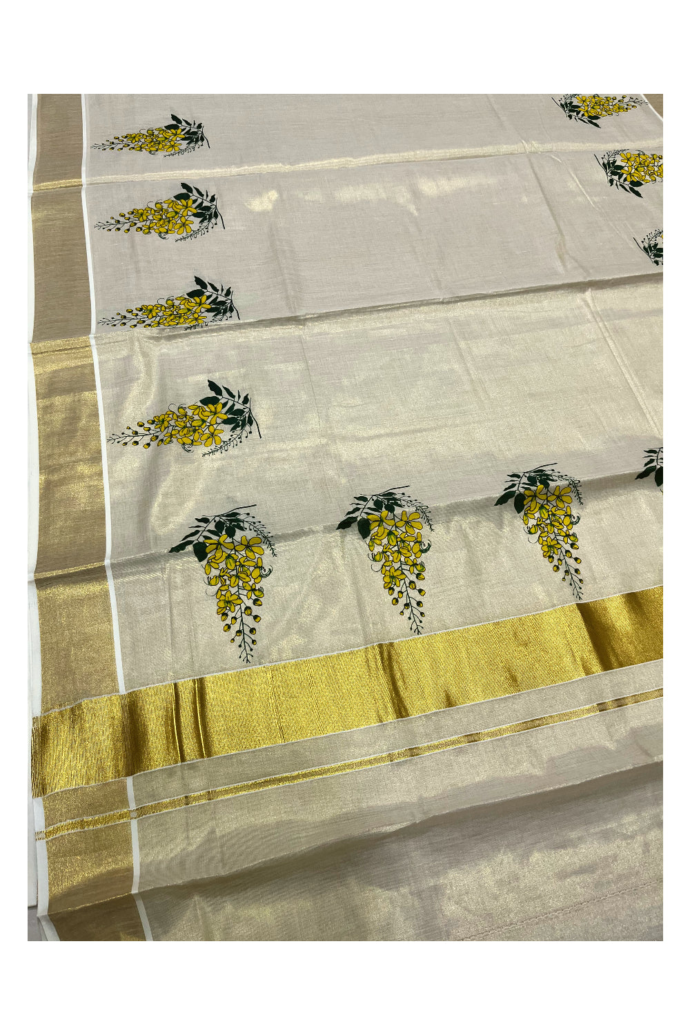 Kerala Tissue Kasavu Saree with Floral Prints on Body