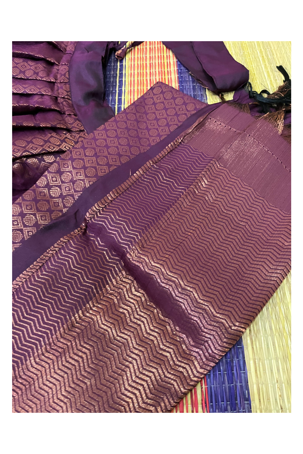 Southloom Semi Stitched Semi Silk Dark Magenta Dhavani Set include Neriyathu and Blouse Piece