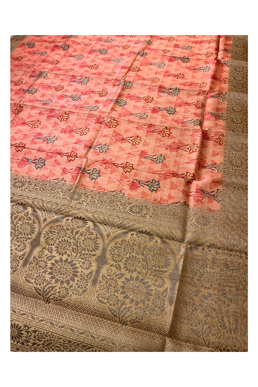 Southloom Semi Silk Peach Designer Printed Saree with Zari Woven Border