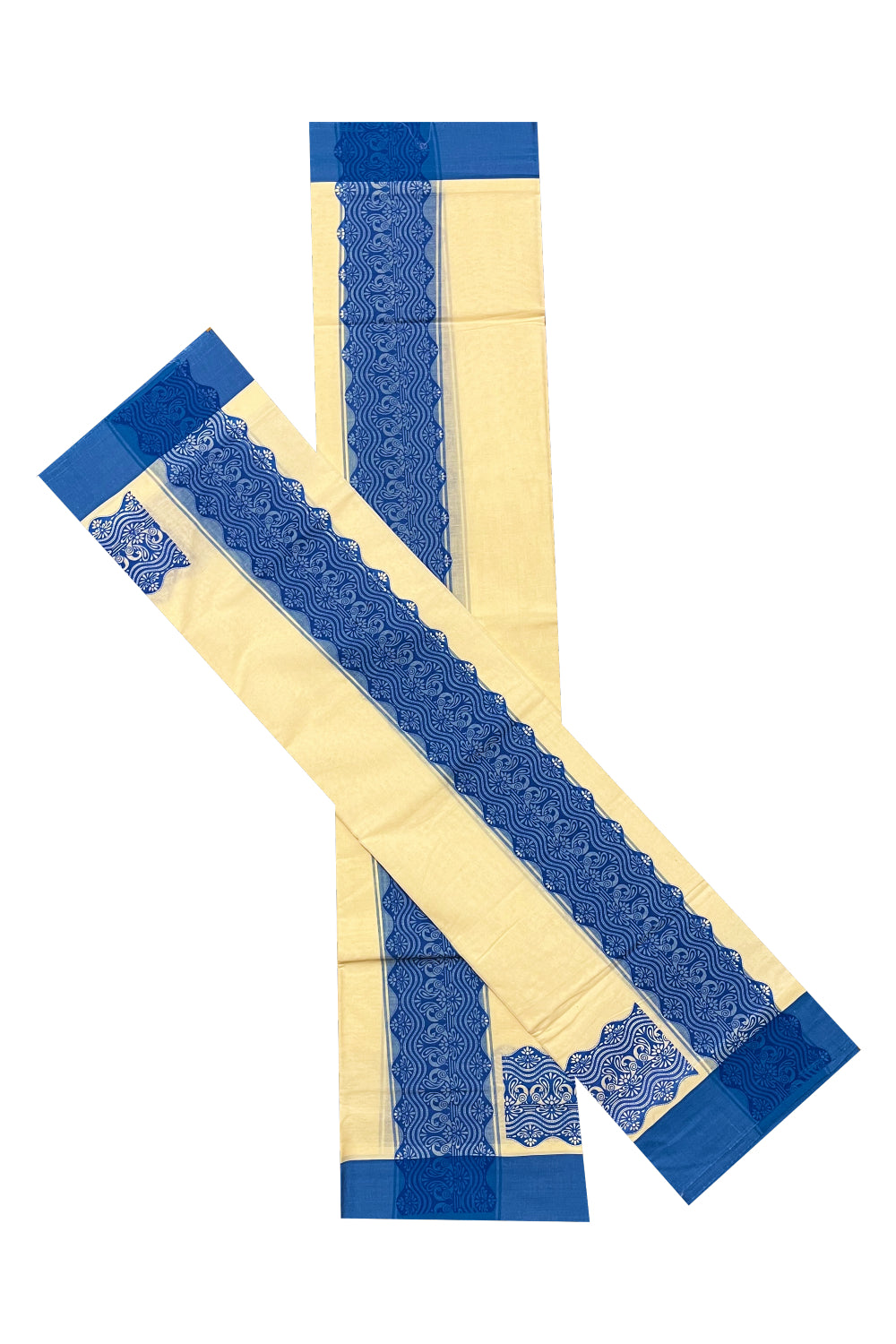 Kerala Cotton Single Set Mundu (Mundum Neriyathum) with Blue Block print Work Border 2.80Mtrs