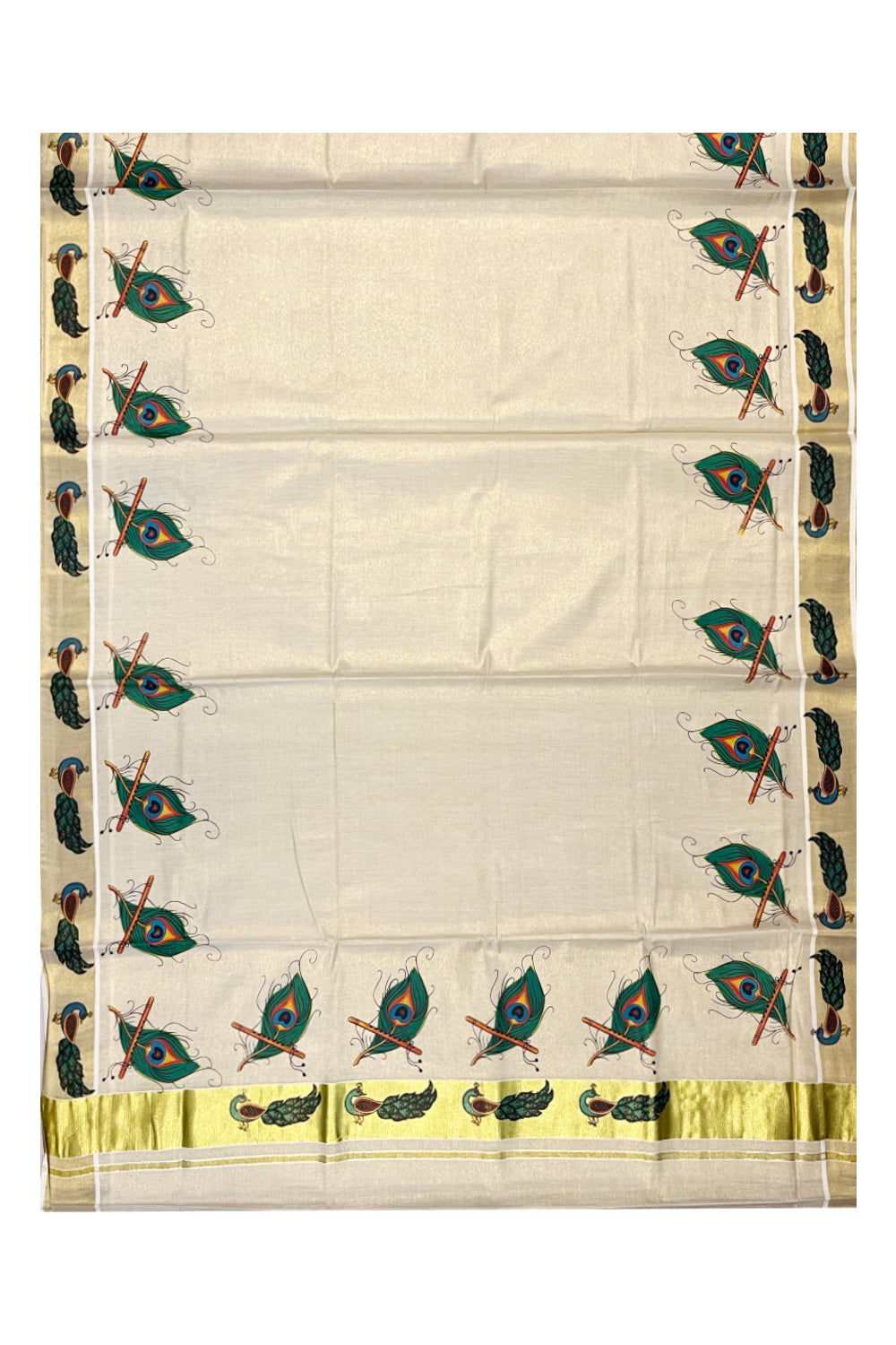 Southloom Kerala Tissue Kasavu Saree With Peacock Leaf And Flute Mural Printed