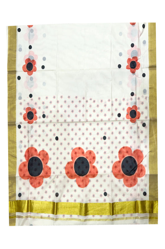 Southloom Exclusive Onam Kasavu Saree with High Quality Digital Red Floral Print Across Body (Matching Printed Blouse Included)