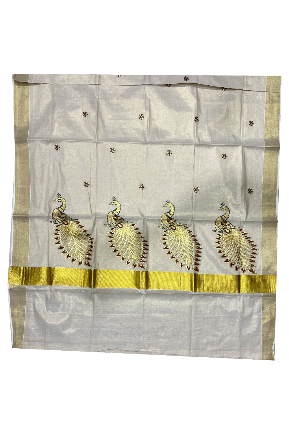 Kerala Tissue Red and Golden Peacock Embroidery Work Kasavu Saree (Vishu 2024 Collection)