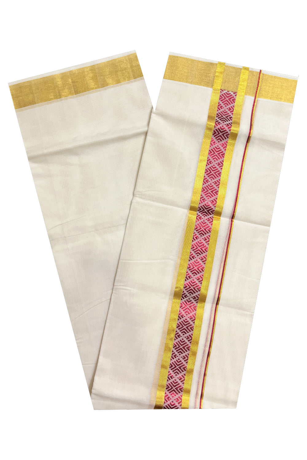 Southloom Premium Handloom Pure Cotton Mundu with Golden and Magenta Kasavu Woven Border (Vishu 2024 Collection)