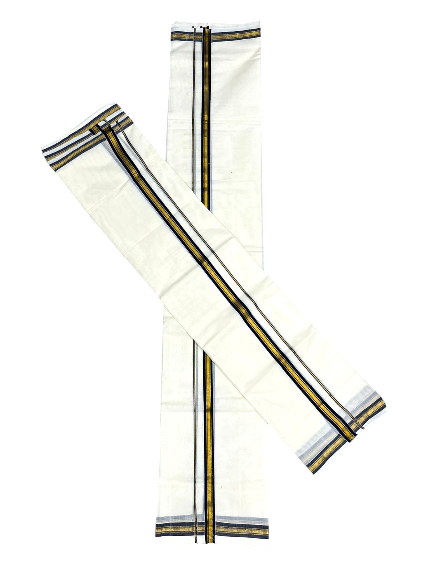 Pure Cotton Kerala Single Set Mundu (Mundum Neriyathum) with Dark Blue Kasavu Border in 2.80 Mtrs