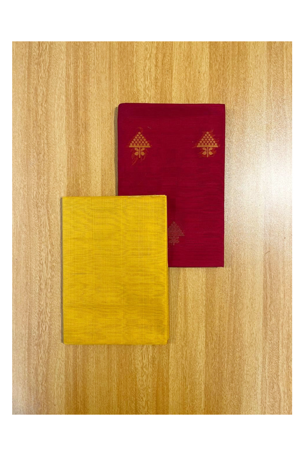 Southloom™ Original Handloom Cotton Pure Silk 3 Piece Red and Yellow Salwar Material with Woven Zari Butta Work