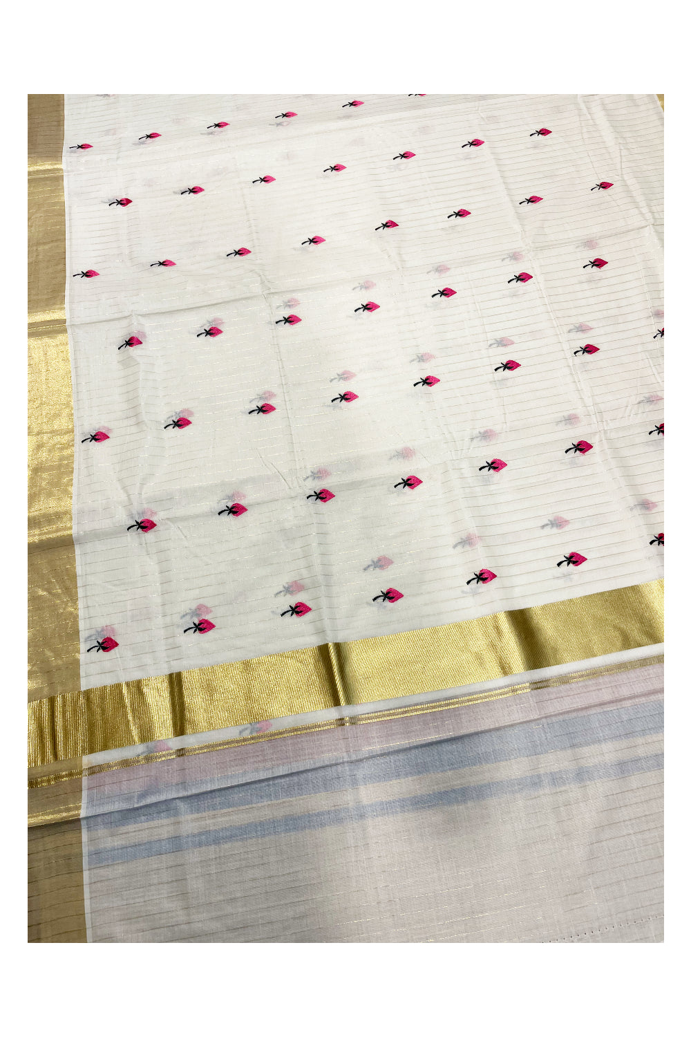 Kerala Cotton Kasavu Lines Saree with Pink Floral Embroidery Works On Body