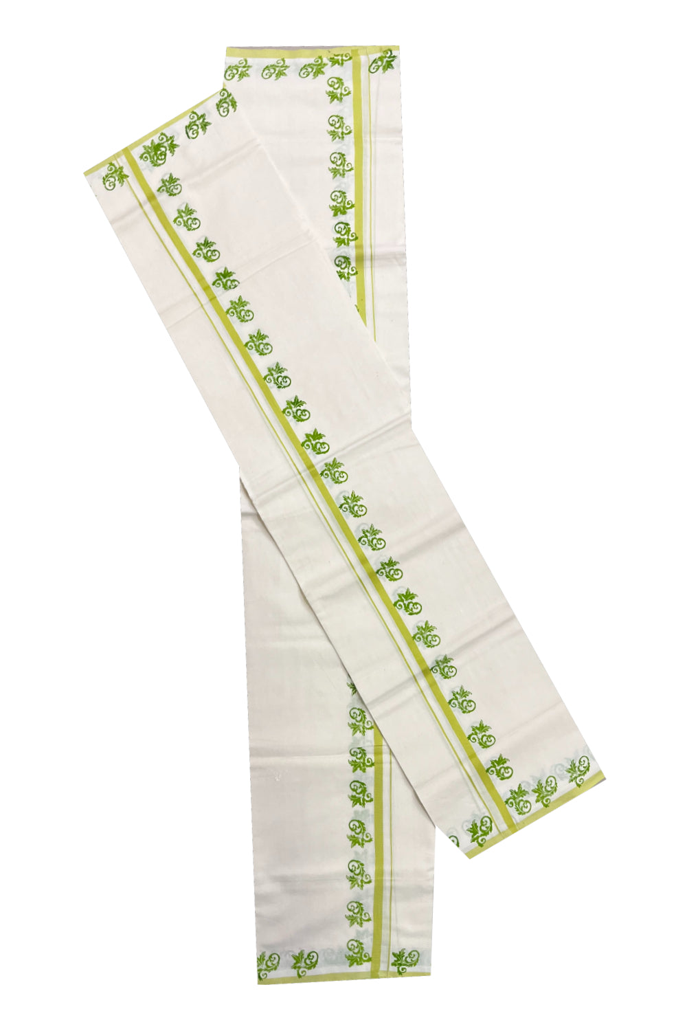 Kerala Pure Cotton Set Mundu Single (Mundum Neriyathum) with Light Green Block Prints