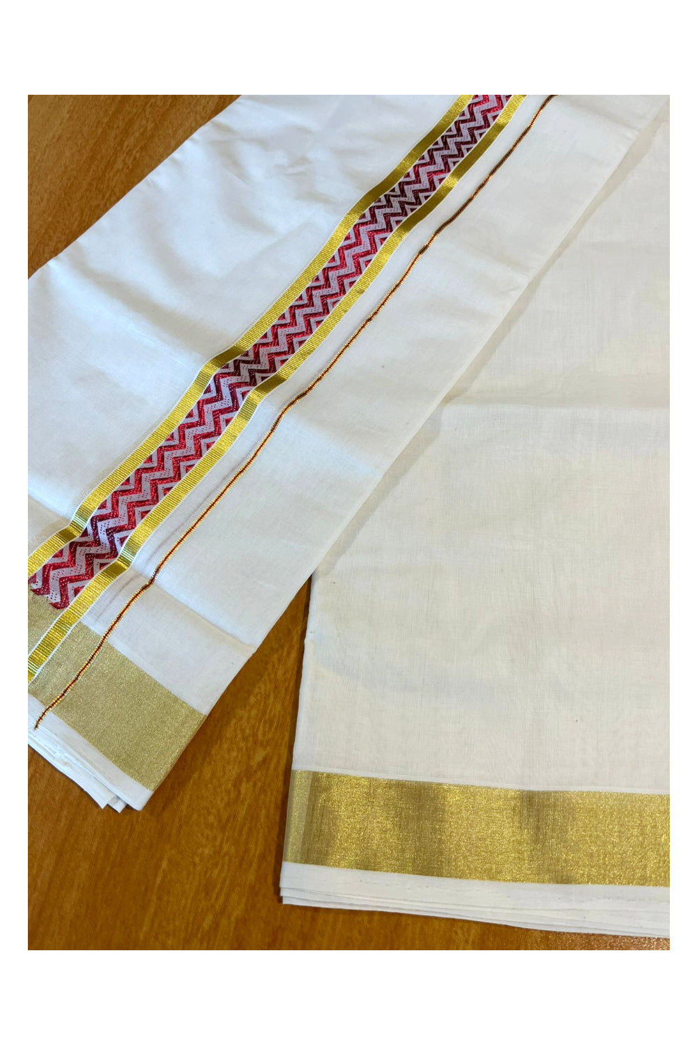 Southloom Premium Handloom Pure Cotton Mundu with Red and Kasavu Woven Border