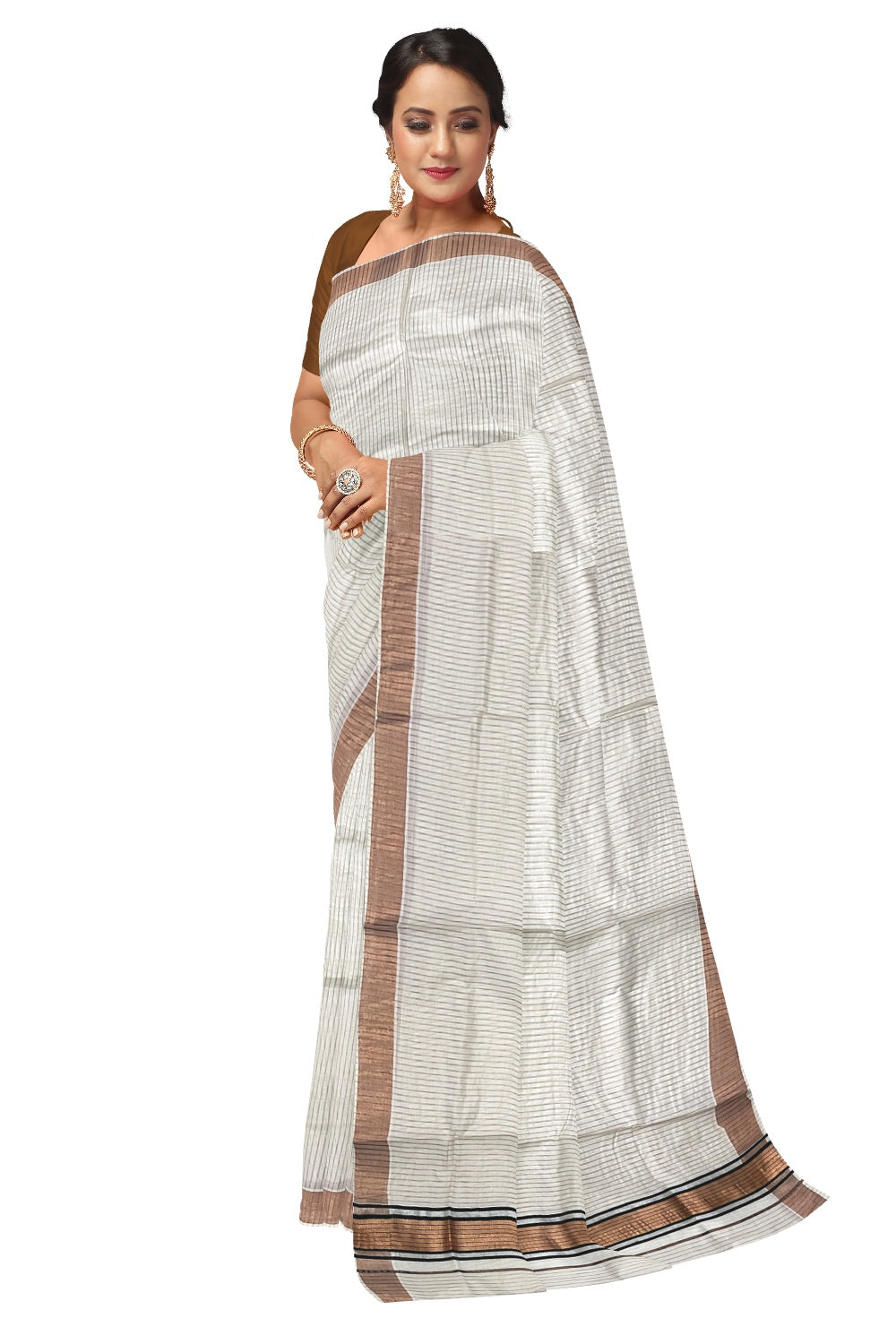 Pure Cotton Kerala Saree with Copper Lines Across Body and Silver Black Pallu