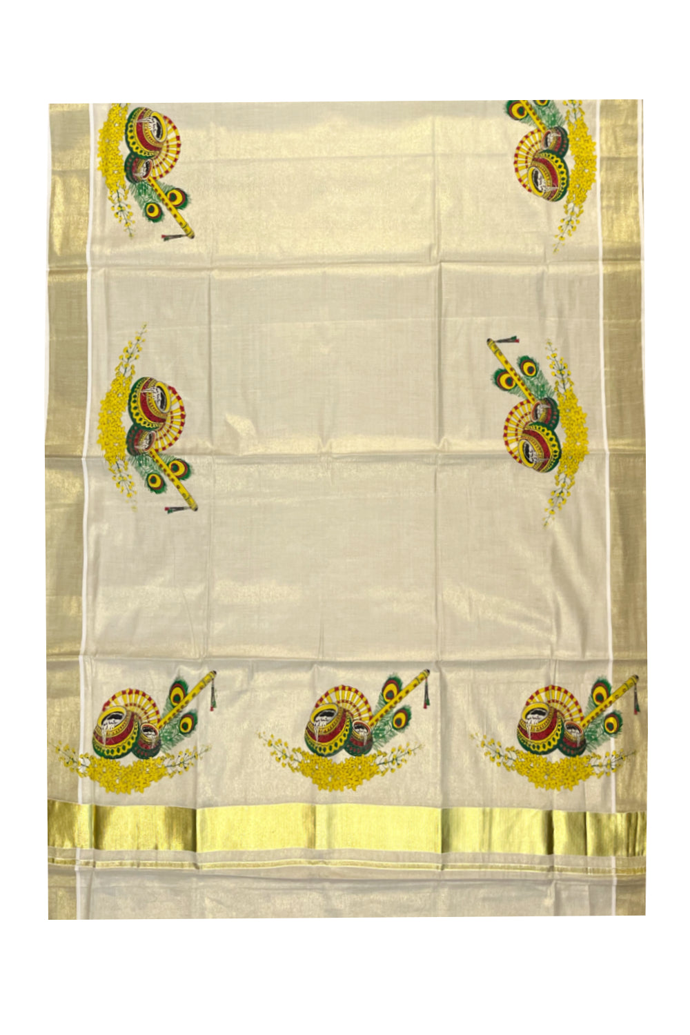 Kerala Tissue Kasavu Saree with Peacock Feather and Flute Mural Printed Designs