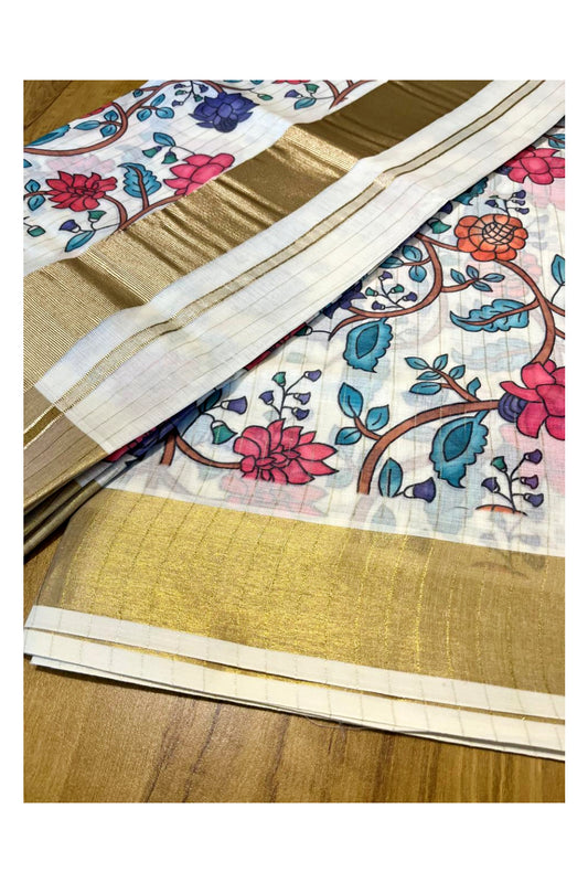 Kerala Cotton Kasavu Lines Saree with Floral Kalamkari Design