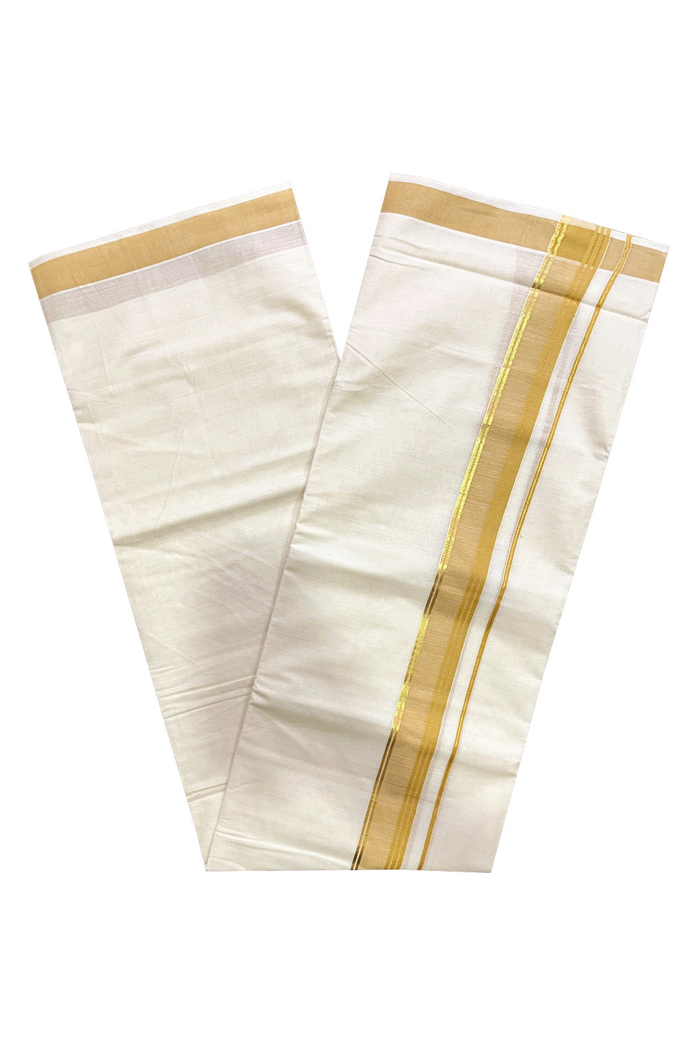 Off White Kerala Cotton Double Mundu with Kasavu and Light Orange Border (South Indian Kerala Dhoti)