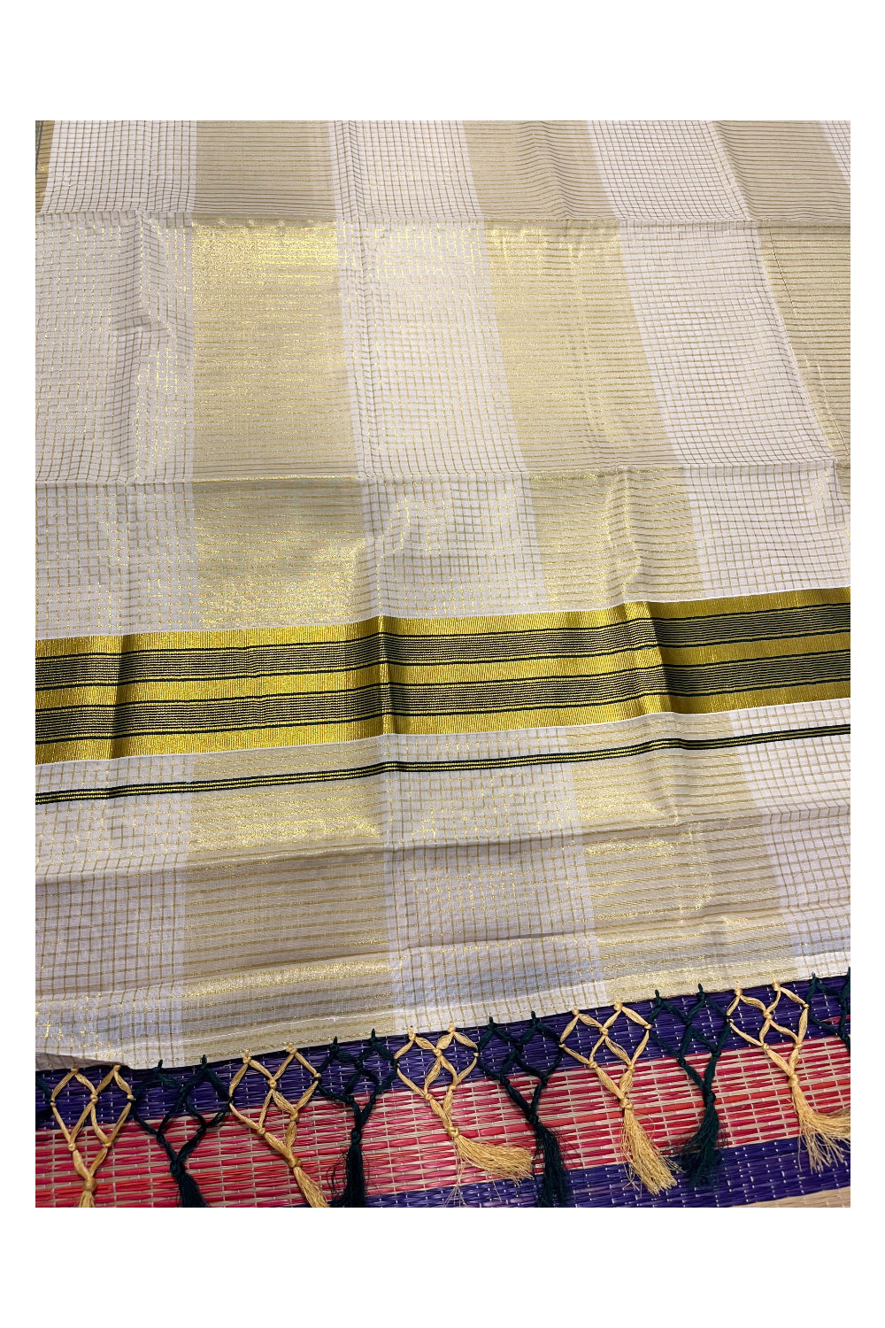 Pure Cotton Kerala Kasavu Check Saree with Green Border