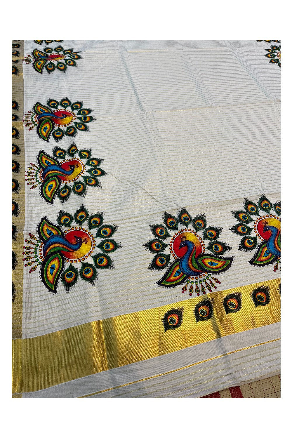 Pure Cotton Kerala Kasavu Lines Design and Mural Work Saree and Printed Border