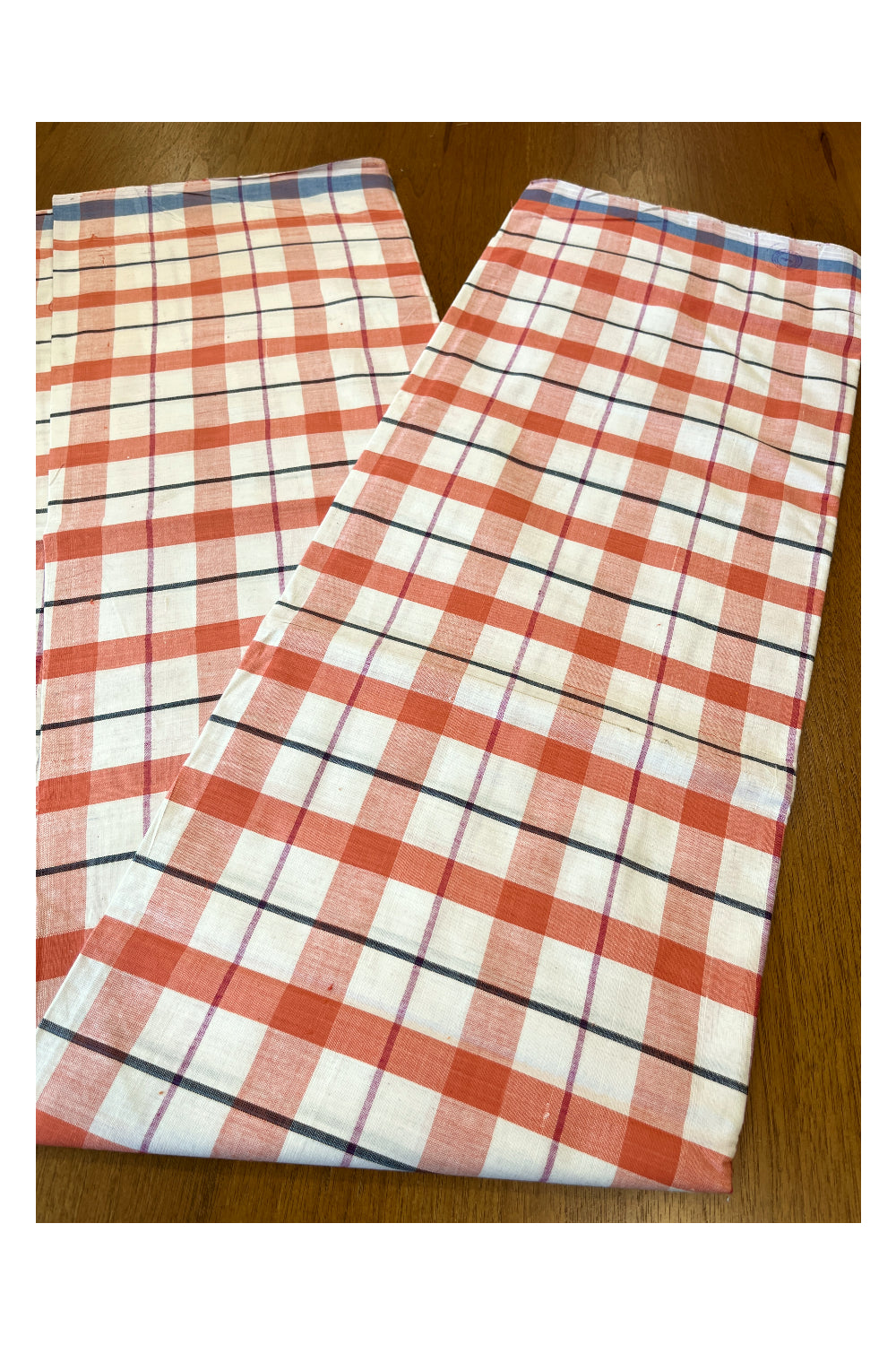 Southloom Premium Handloom White Single Mundu (Lungi) with Orange Black Check Designs