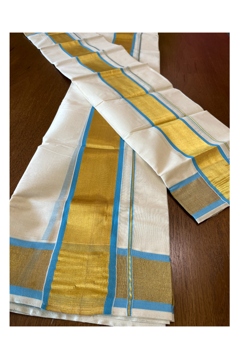 Cotton Mundum Neriyathum Double (Set Mundu) with Blue and Kasavu Border