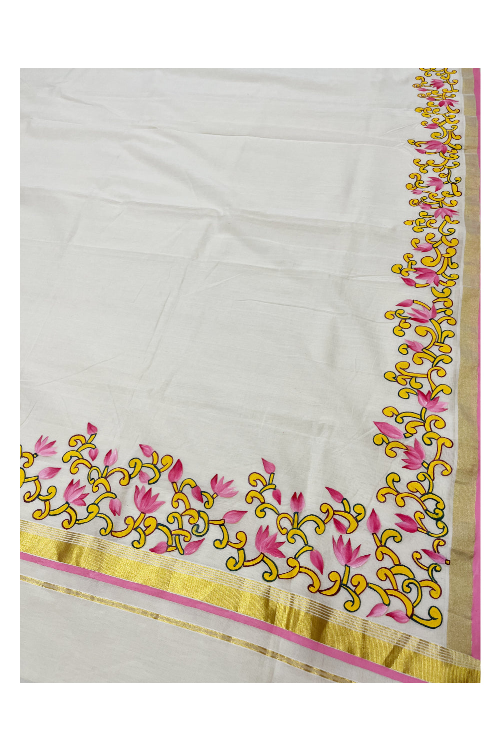 Southloom Premium Balaramapuram Unakkupaavu Handloom Saree with Pink Lotus Motifs Handpainted on Borders