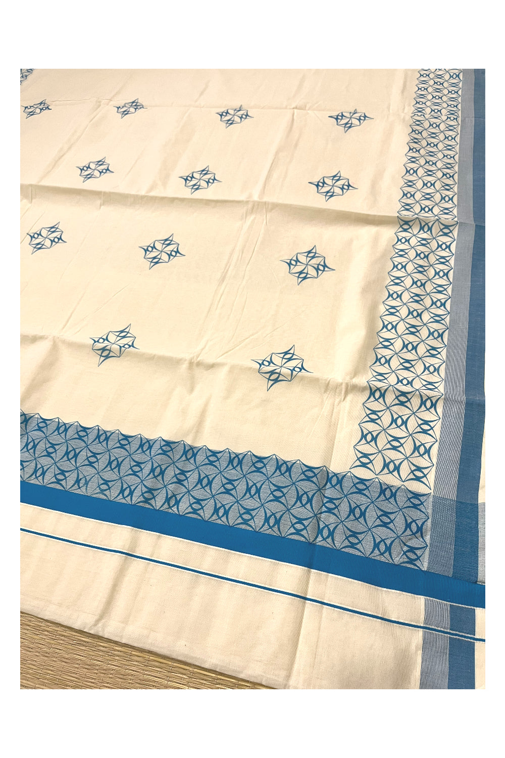 Pure Cotton Off White Kerala Saree with Blue Block Printed Border (Onam Saree 2023)