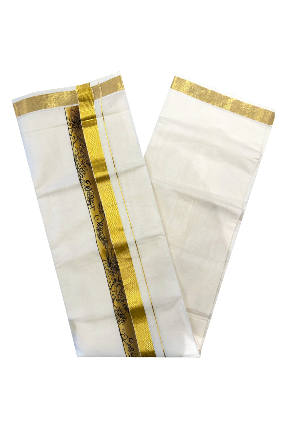 Kerala Pure Cotton Double Mundu with Mural Painted Design on Kasavu Border (South Indian Kerala Dhoti)