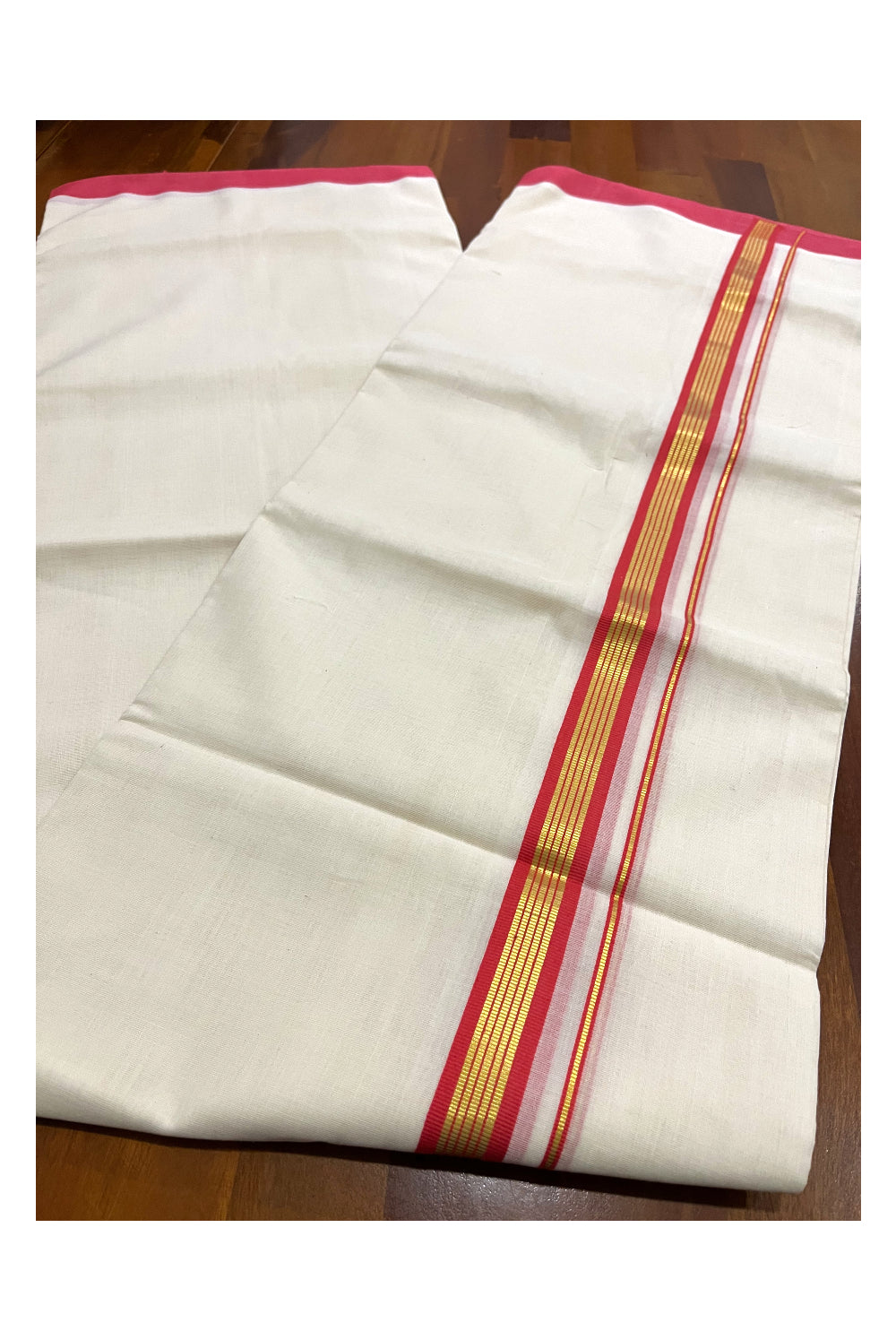 Premium Balaramapuram Unakkupaavu Handloom 10 Muzham Mundu with Kasavu and Red Border (South Indian Kerala Dhoti)