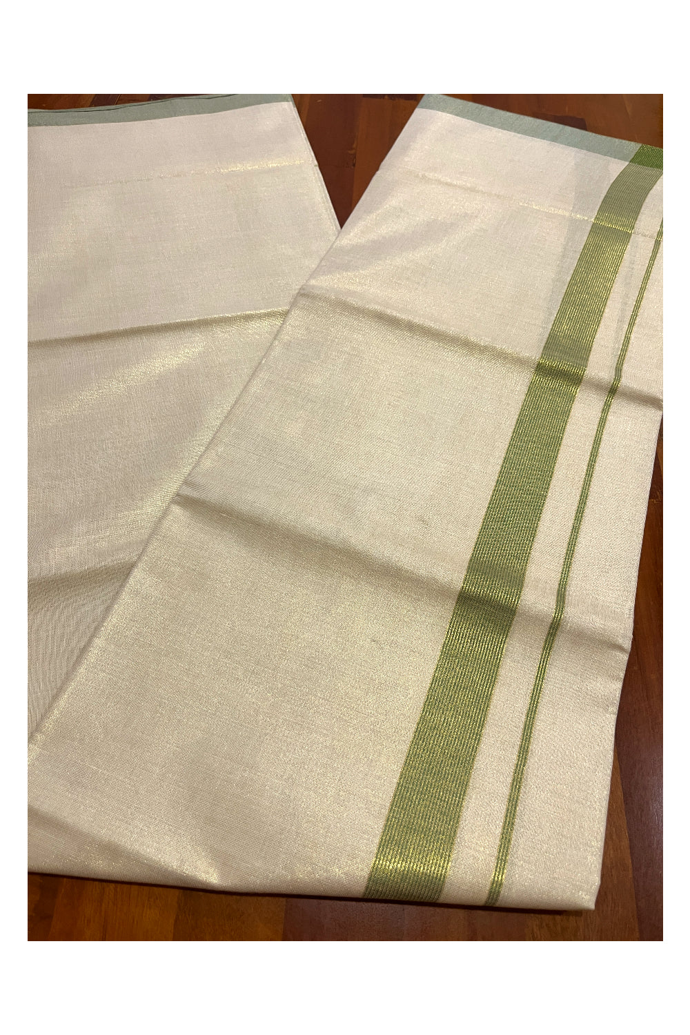 Kerala Tissue Otta Mundu with Green Lines Border (South Indian Kerala Dhoti)
