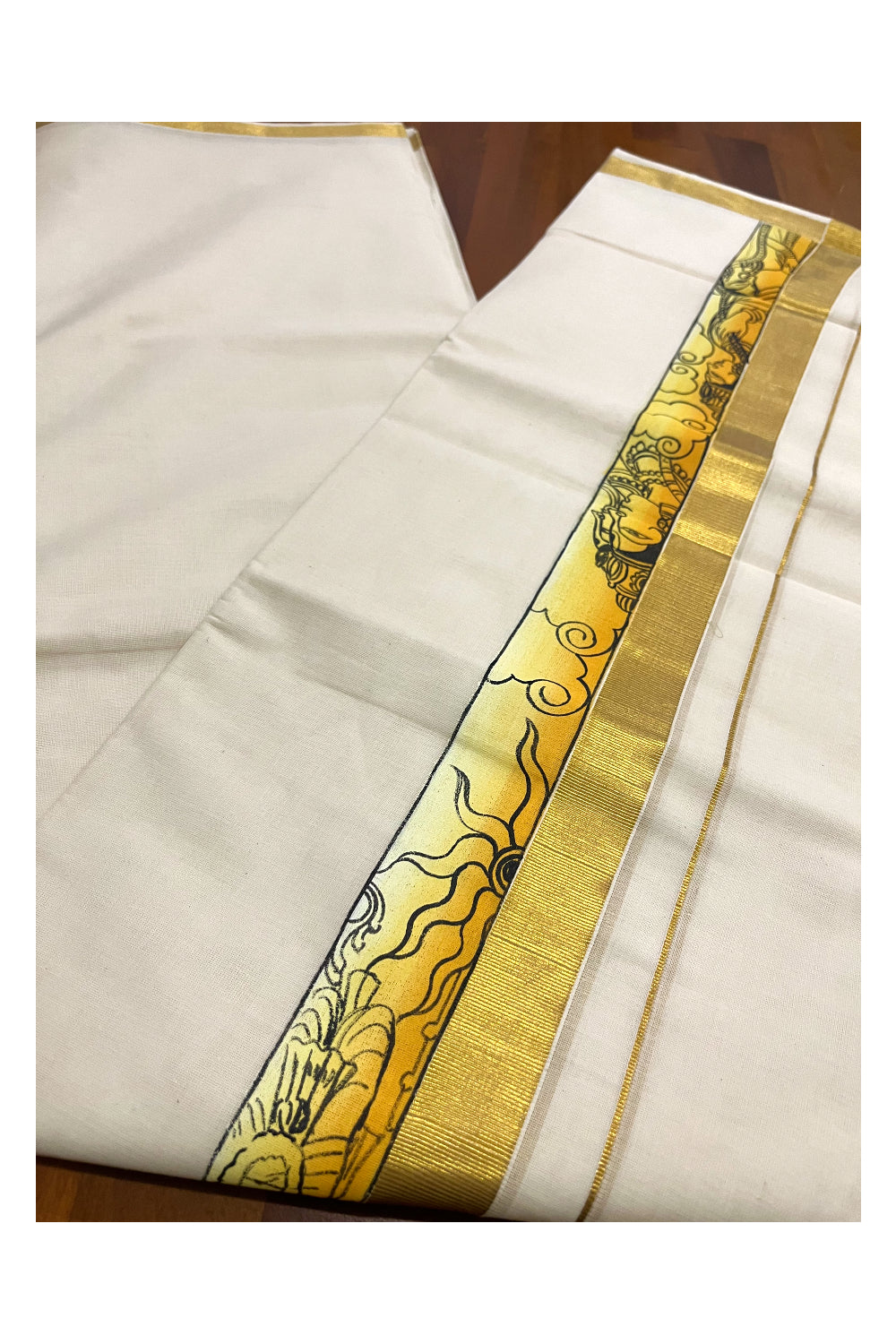 Pure Cotton Kasavu Mundu with Mural Hand Painted Border (Onam Mundu 2023)