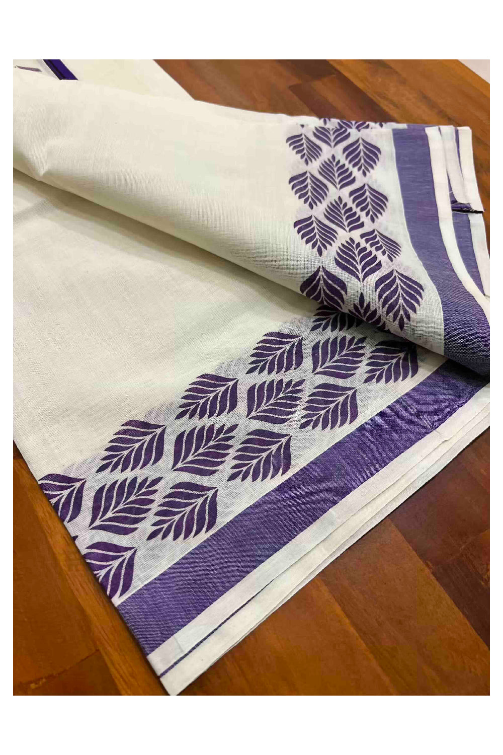 Kerala Cotton Single Set Mundu (Mundum Neriyathum) with Leaf Block Prints on Violet and Black Border