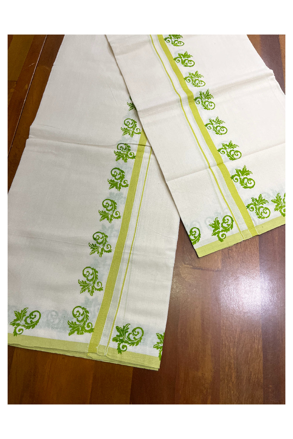 Kerala Pure Cotton Set Mundu Single (Mundum Neriyathum) with Light Green Block Prints