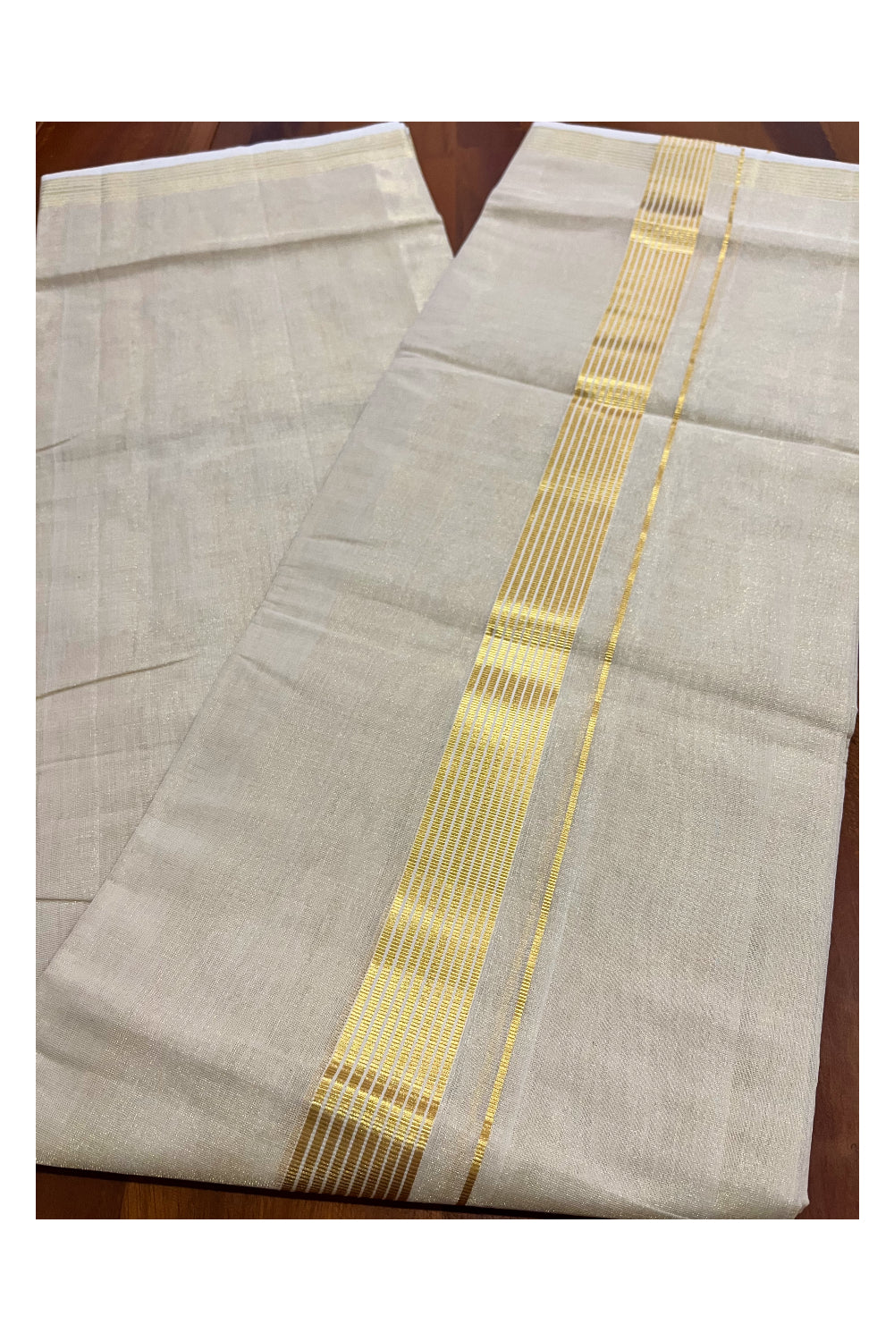 Southloom Premium Wedding Handloom Tissue Mundu with Kasavu Lines Border (South Indian Kerala Dhoti)