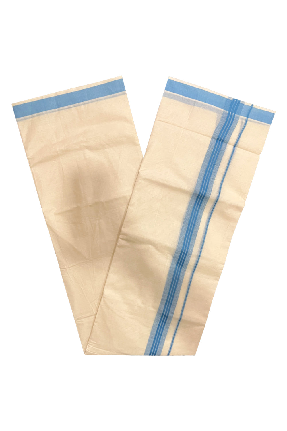 Pure Cotton Double Mundu with Light Blue Kara (South Indian Kerala Dhoti)