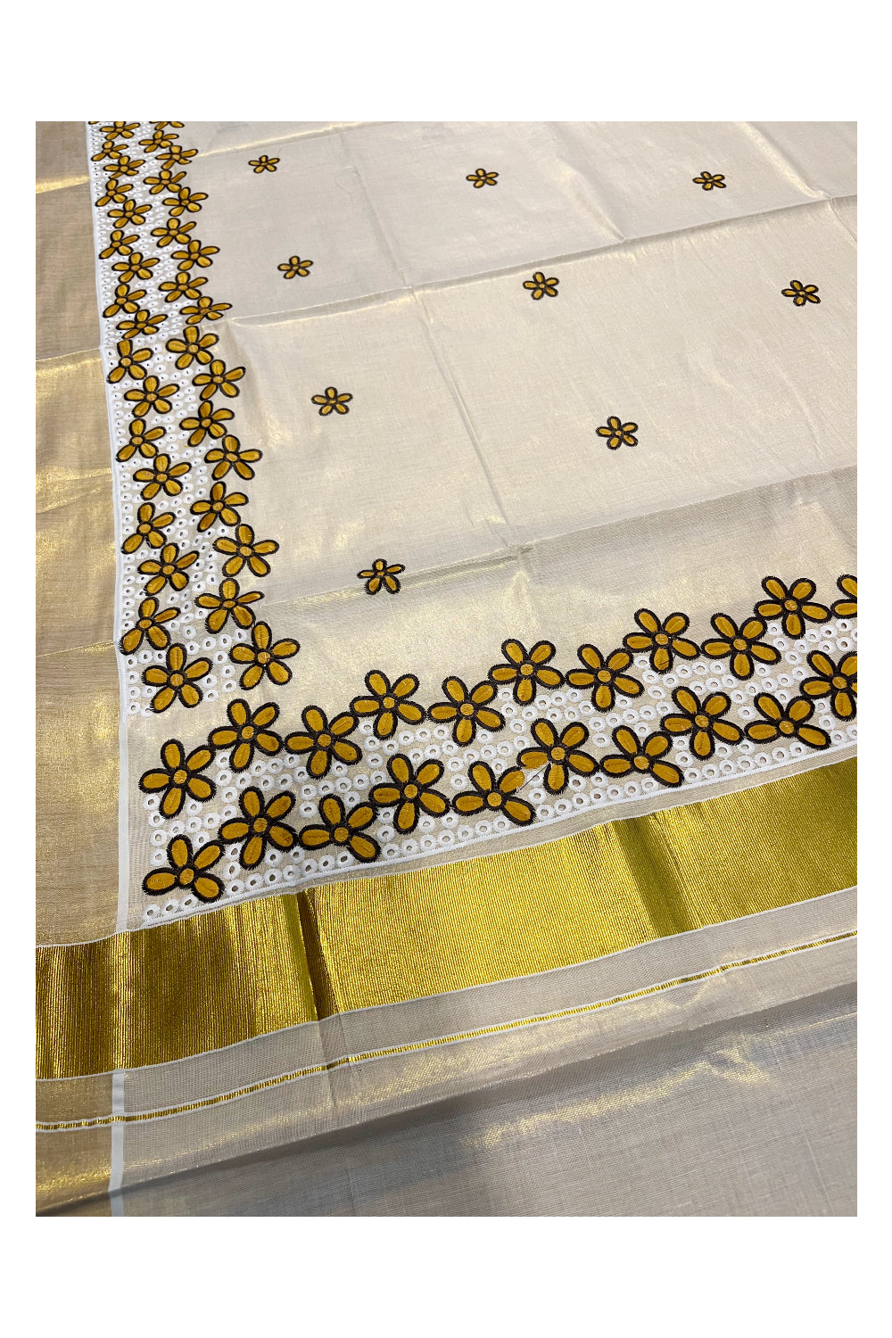 Kerala Tissue Kasavu Saree with Yellow Floral Embroidery Works