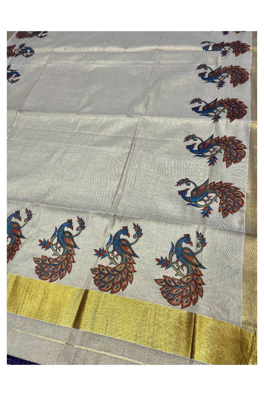 Kerala Tissue Kasavu Saree with Peacock Block Printed Designs