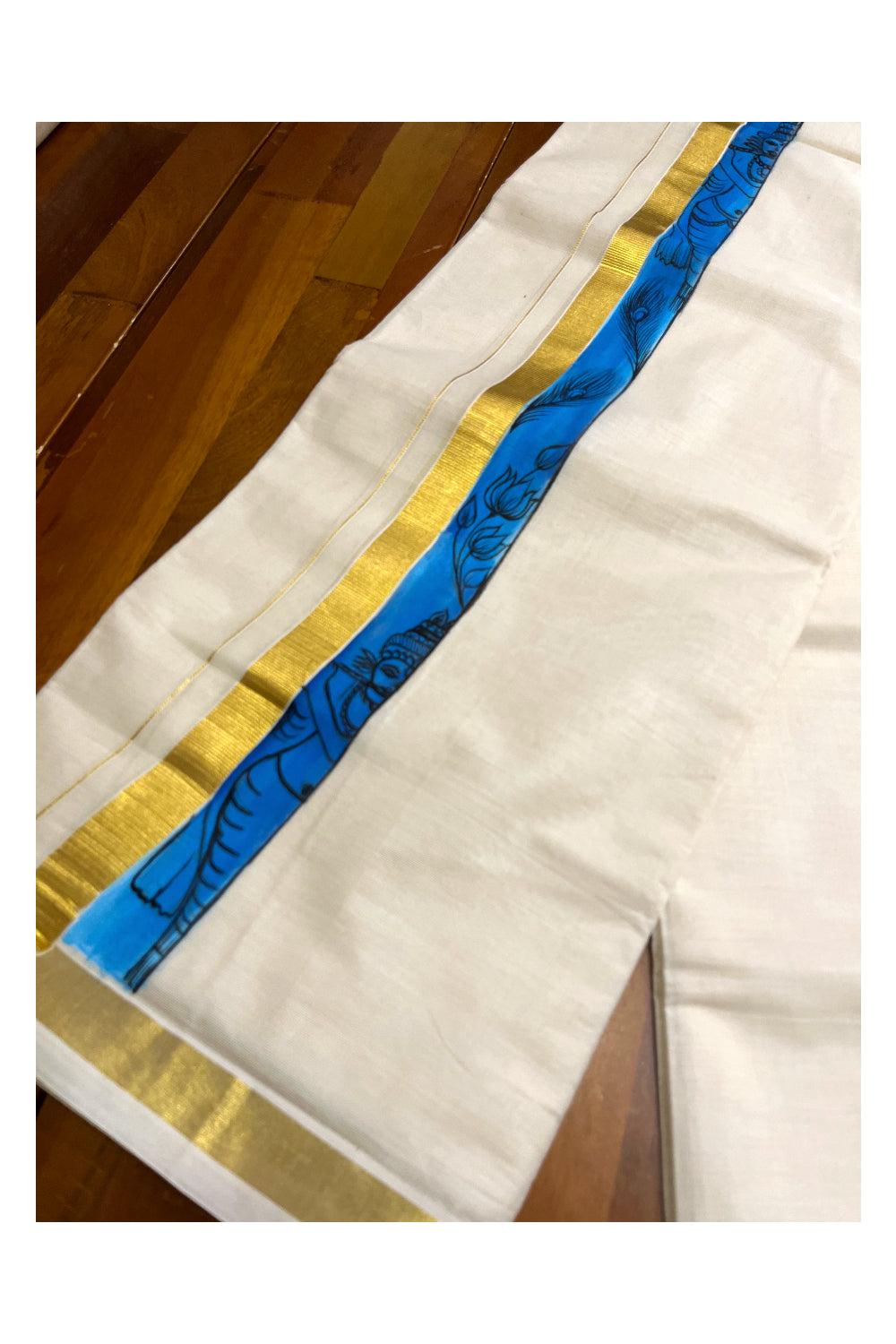 Kerala Pure Cotton Double Mundu with Hand Painted Designs on Kasavu Border(South Indian Kerala Dhoti)