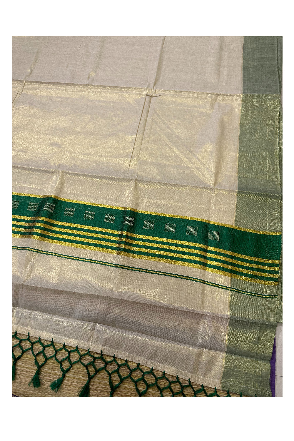 Kerala Tissue Saree with Kasavu Green Border and Tassels Works on Pallu (Onam Saree 2023)