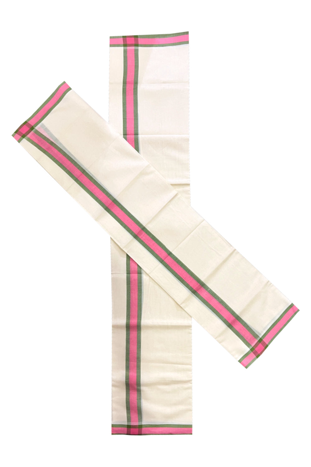 Kerala Mulloth Cotton Single Mundum Neriyathum with Pink Green Border (Extra Soft Cotton)