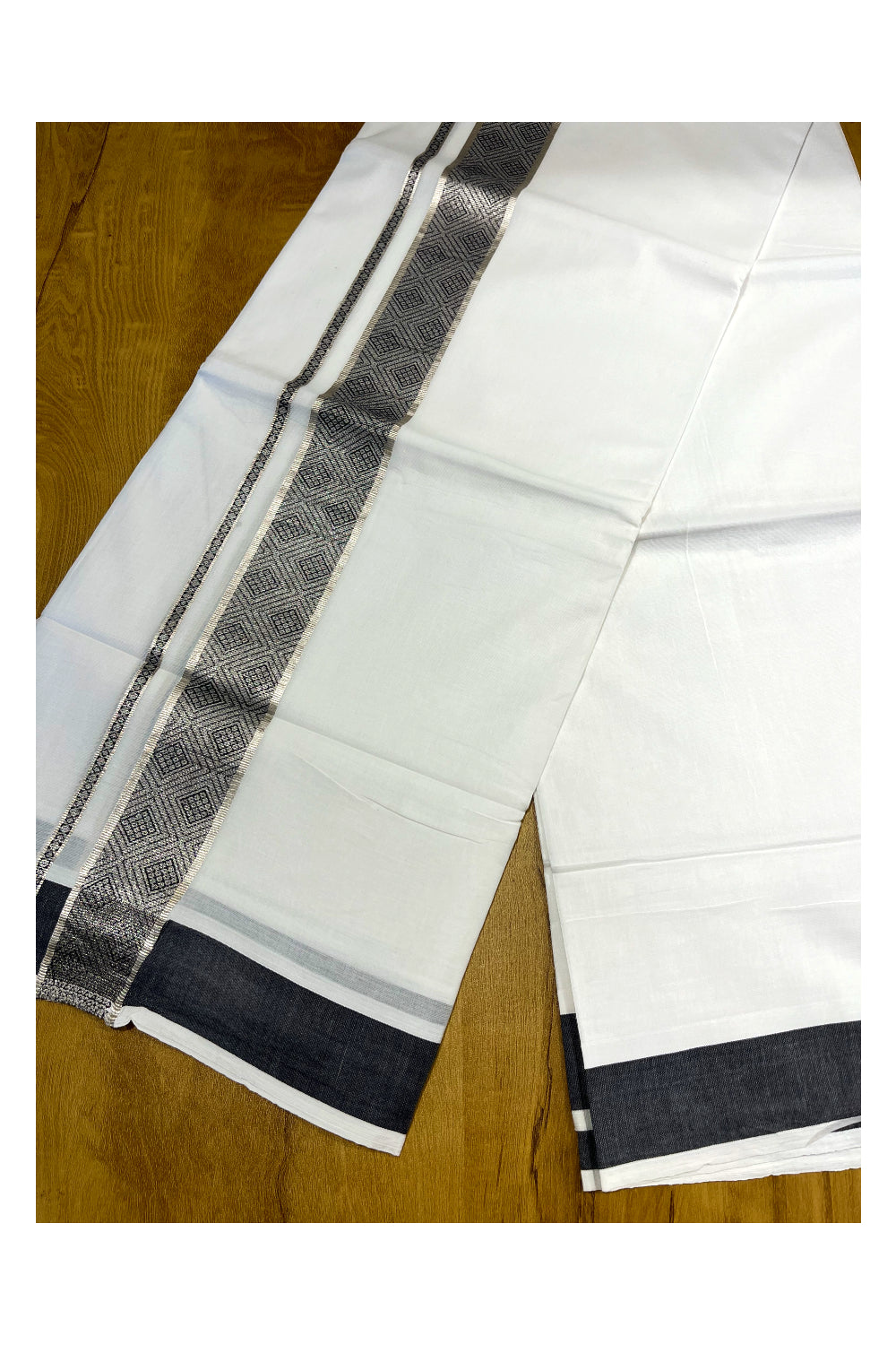 Pure White Cotton Double Mundu with Silver Kasavu and Black Woven Border