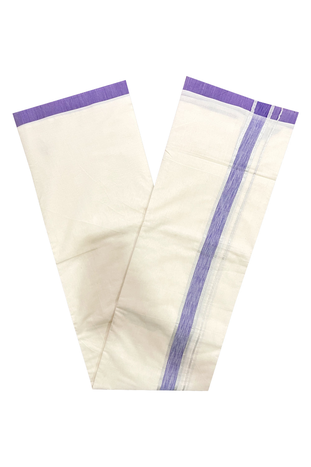 Cotton Double Mundu with Violet and Silver Kasavu Kara (South Indian Kerala Dhoti)