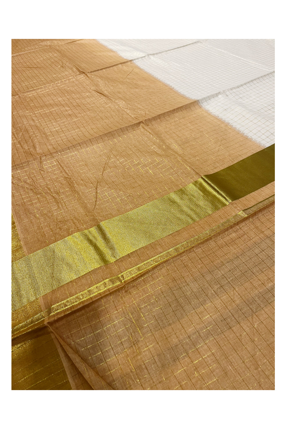 Southloom Cotton Tie & Dye - Half & Half Brownish Orange Design Saree with Kasavu Check Across Body