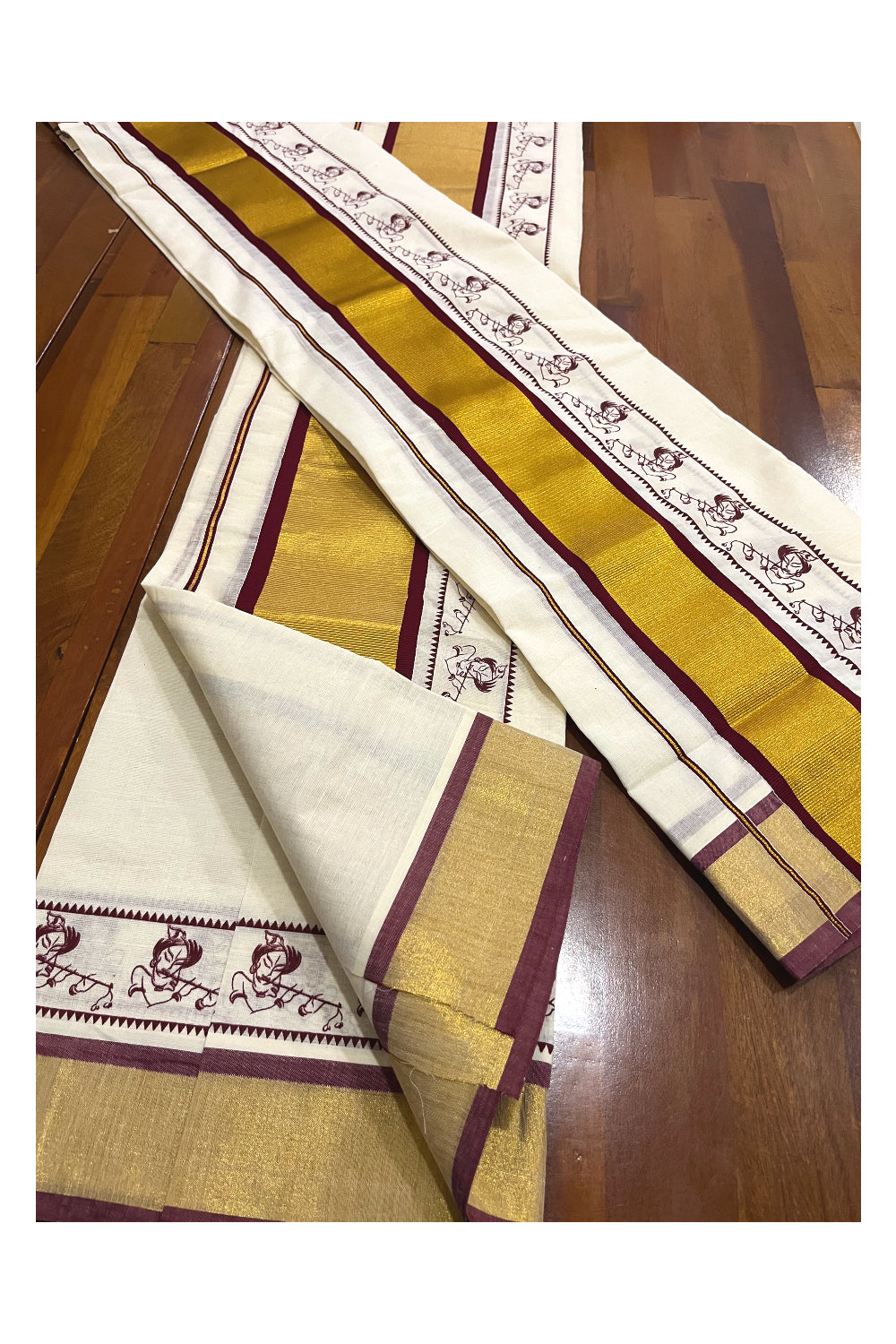 Pure Cotton Kerala Single Set Mundu (Mundum Neriyathum) with Maroon Block Printed Kasavu Border