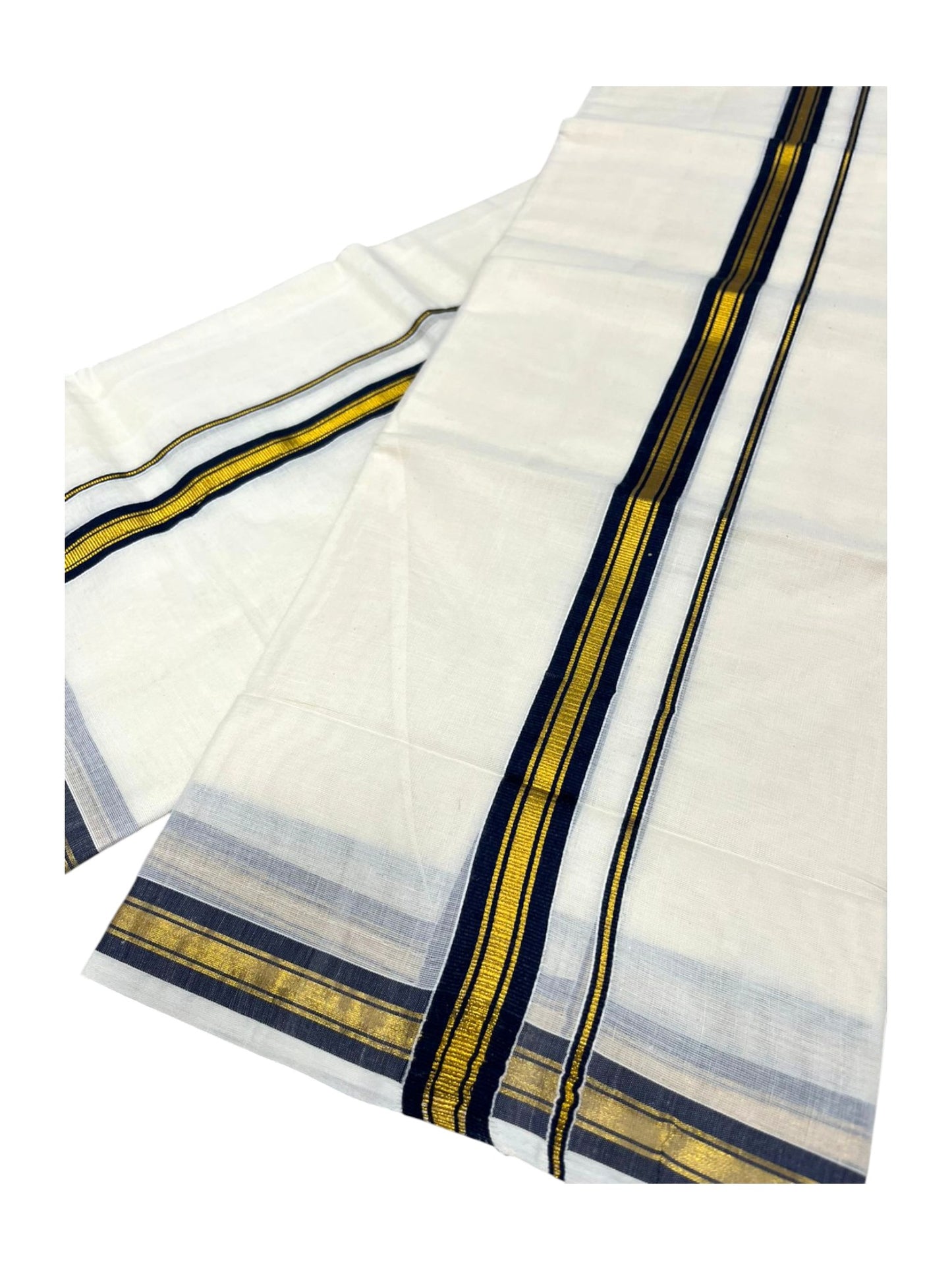Pure Cotton Kerala Single Set Mundu (Mundum Neriyathum) with Dark Blue Kasavu Border in 2.80 Mtrs