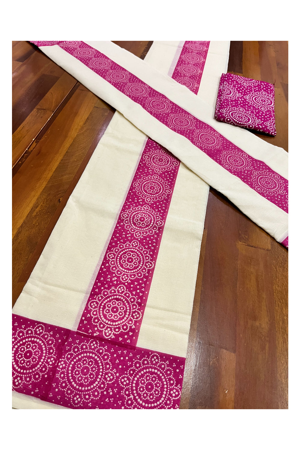 Kerala Cotton Set Mundu (Mundum Neriyathum) with Rose Block Prints and Seperate Blouse Piece